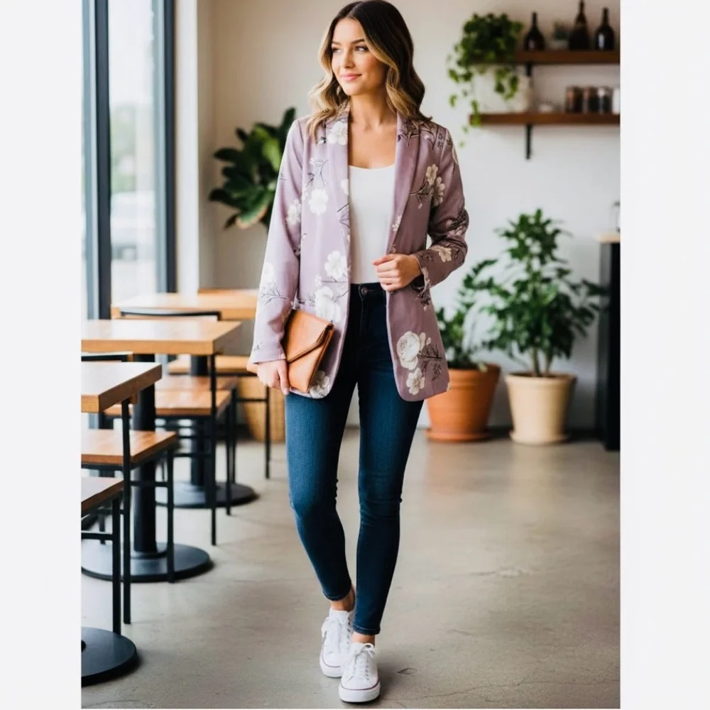 🚨4X$25🚨 Floral Women's Blazer - Purple and White - Picture 2 of 11